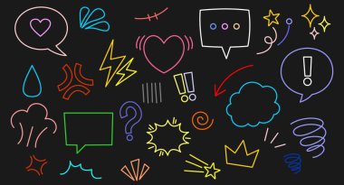 Renkli komik konuşma balonu ikonu seti. Çizgi film tarzı kabarcıklar, hareket çizgileri, yıldız kıvılcımları ve karalama elementleri içerir. Taslak vektör illüstrasyonu.