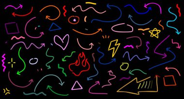 Renkli el yapımı işaret çizgisi elementleri ayarlandı. Fırça darbeleri, kalem darbeleri, kalem altları ve karalama simgeleri. Karalama tarzı kalpler, taçlar ve yıldızlar dahil. Vektör illüstrasyonu.