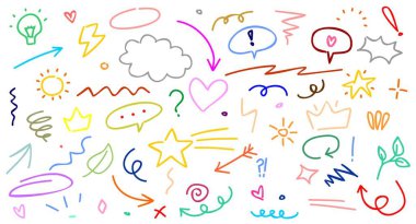 Renkli el yapımı işaret çizgisi elementleri ayarlandı. Fırça darbeleri, kalem darbeleri, kalem altları ve karalama simgeleri. Karalama tarzı kalpler, taçlar ve yıldızlar dahil. Vektör illüstrasyonu.