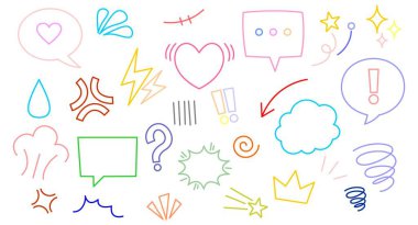 Renkli komik konuşma balonu ikonu seti. Çizgi film tarzı kabarcıklar, hareket çizgileri, yıldız kıvılcımları ve karalama elementleri içerir. Taslak vektör illüstrasyonu.