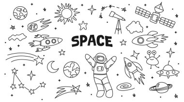 Çocuksu bir şekilde karalama alanı çizimi. Roket, astronot, yıldızlar, asteroitler, UFO gibi kozmos vektör elementleri. Çeşitli astronomi nesnelerinin taslak simgeleri. Dizayn Clipart.
