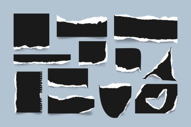 Siyah yırtık ya da yırtık kağıt çarşaflar. Gerçekçi defter kenarları veya hatıra defteri kırıntıları. Pankartlar, web tasarımı veya dekoratif arkaplanlar için vektör illüstrasyonu.