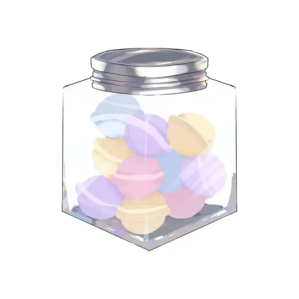 Beyaz arkaplanda şekerli cam kavanoz, üst görünüm, 3 boyutlu illüstrasyon, 3 boyutlu görüntü.