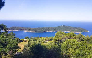 Mavi Editera Denizi 'nde küçük bir ada. Parlak güneş ışığında.