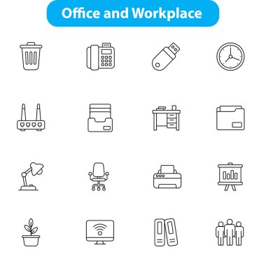 Çok yönlü ofis ve iş yeri simgesi vektör biçiminde ayarlandı, kurumsal ortamlar, ofis yönetimi, takım işbirliği ve üretkenlik araçları için ideal. Web, yazdırma ve UI / UX projeleri için tam olarak düzenlenebilir ve ölçeklenebilir.