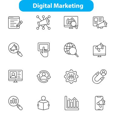 Vektör formatında kapsamlı dijital pazarlama simgesi, çevrimiçi reklamcılık, sosyal medya kampanyaları, SEO, içerik pazarlaması ve analitik için ideal. Web, uygulama ve markalaşma projeleri için tamamen düzenlenebilir ve ölçeklenebilir.