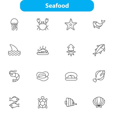 Taze ve canlı deniz ürünleri ikonu vektör formatında, restoran menüleri, yemek dağıtım uygulamaları, mutfak siteleri ve ambalaj tasarımları için mükemmel. Web, baskı ve markalaşma projeleri için tamamen düzenlenebilir ve ölçeklenebilir.
