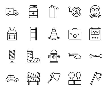 Acil Durum Simgesi Tıbbi, Güvenlik, Afet Tepkisi, Kurtarma ve Acil Bakım Hizmetleri için Tasarım (124); Ambulans, İtfaiye, Polis ve İlk Yardım Kullanımı için Vektör Simgeleri