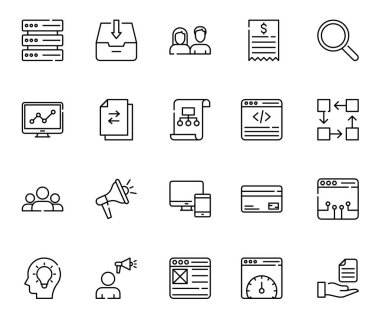 SEO ve Pazarlama Simgesi Dijital Strateji, Markalaşma, Reklam, İçerik ve Web Tanıtımlama için Tasarım (Vector Icons for Online Marketing ve SEO Tools)