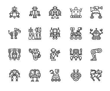 Yüksek kalite yapay zeka simgesi yapay zeka seti makine öğrenimi, robotik, otomasyon ve akıllı yapay zeka tasarımları için mükemmel. Temiz, ölçeklenebilir vektör simgeleri.