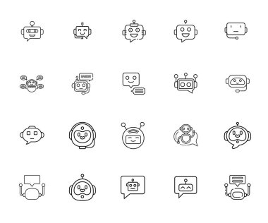Modern sohbet robotu simgesi AI asistanları, müşteri destek uygulamaları ve mesajlaşma platformları için idealdir. UI / UX tasarımı için temiz vektör simgeleri optimize edildi.