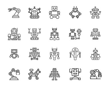 Yüksek kalite yapay zeka simgesi yapay zeka seti makine öğrenimi, robotik, otomasyon ve akıllı yapay zeka tasarımları için mükemmel. Temiz, ölçeklenebilir vektör simgeleri.