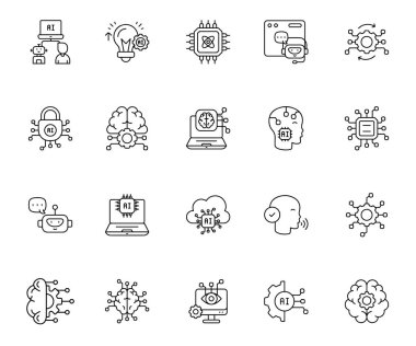 Yüksek kalite yapay zeka simgesi yapay zeka seti makine öğrenimi, robotik, otomasyon ve akıllı yapay zeka tasarımları için mükemmel. Temiz, ölçeklenebilir vektör simgeleri.