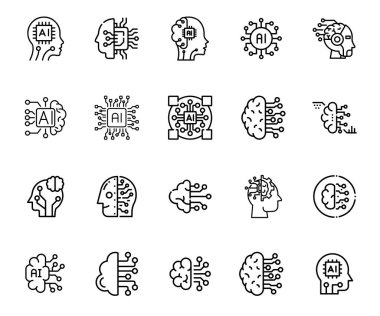 Yüksek kalite yapay zeka simgesi yapay zeka seti makine öğrenimi, robotik, otomasyon ve akıllı yapay zeka tasarımları için mükemmel. Temiz, ölçeklenebilir vektör simgeleri.