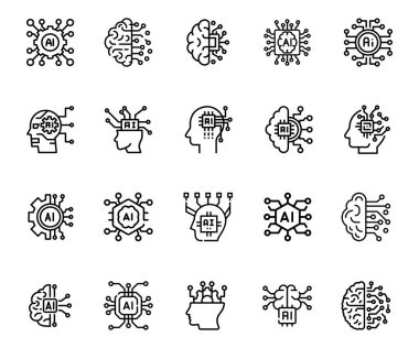Yüksek kalite yapay zeka simgesi yapay zeka seti makine öğrenimi, robotik, otomasyon ve akıllı yapay zeka tasarımları için mükemmel. Temiz, ölçeklenebilir vektör simgeleri.