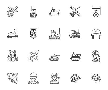 Yüksek kalite askeri ikon savunma, ordu, güvenlik, taktik uygulamalar ve stratejik planlama için mükemmel. Modern UI için temiz, ölçeklenebilir vektör simgeleri içerir.