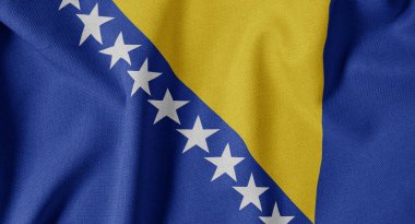 Dokulu Kumaş Arkaplanı Ulusal Bayrağı. İpek desenli bayrak, gerçekçi dalga ve bayrak görünümü. BA Bosna-Hersek Bayrağı