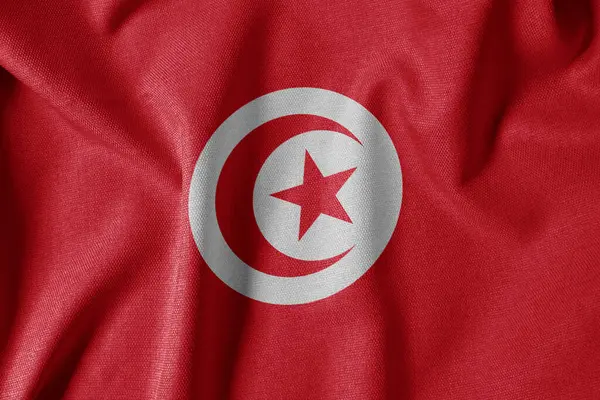 Dokulu Kumaş Arkaplanı Ulusal Bayrağı. İpek desenli bayrak, gerçekçi dalga ve bayrak görünümü. Tunus 'un TN Bayrağı