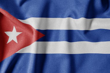 Dokulu Kumaş Arkaplanı Ulusal Bayrağı. İpek desenli bayrak, gerçekçi dalga ve bayrak görünümü. Küba CU Bayrağı