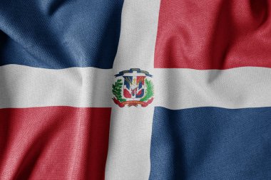 Dokulu Kumaş Arkaplanı Ulusal Bayrağı. İpek desenli bayrak, gerçekçi dalga ve bayrak görünümü. Dominik Cumhuriyeti 'nin DO Bayrağı
