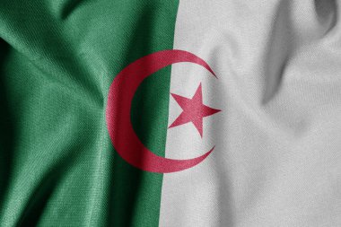 Dokulu Kumaş Arkaplanı Ulusal Bayrağı. İpek desenli bayrak, gerçekçi dalga ve bayrak görünümü. Cezayir 'in DZ Bayrağı