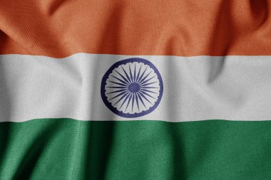 Dokulu Kumaş Arkaplanı Ulusal Bayrağı. İpek desenli bayrak, gerçekçi dalga ve bayrak görünümü. Hindistan Bayrağı