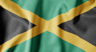 Dokulu Kumaş Arkaplanı Ulusal Bayrağı. İpek desenli bayrak, gerçekçi dalga ve bayrak görünümü. Jamaika 'nın JM Bayrağı