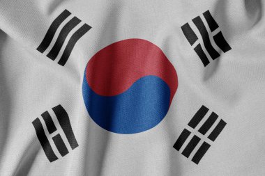Dokulu Kumaş Arkaplanı Ulusal Bayrağı. İpek desenli bayrak, gerçekçi dalga ve bayrak görünümü. Güney Kore KR Bayrağı