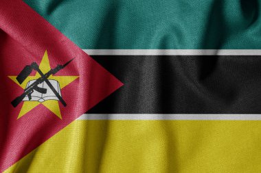 Dokulu Kumaş Arkaplanı Ulusal Bayrağı. İpek desenli bayrak, gerçekçi dalga ve bayrak görünümü. Mozambik 'in MZ Bayrağı