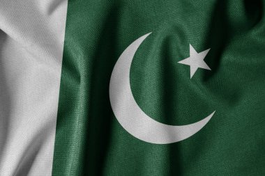 Dokulu Kumaş Arkaplanı Ulusal Bayrağı. İpek desenli bayrak, gerçekçi dalga ve bayrak görünümü. Pakistan PK Bayrağı