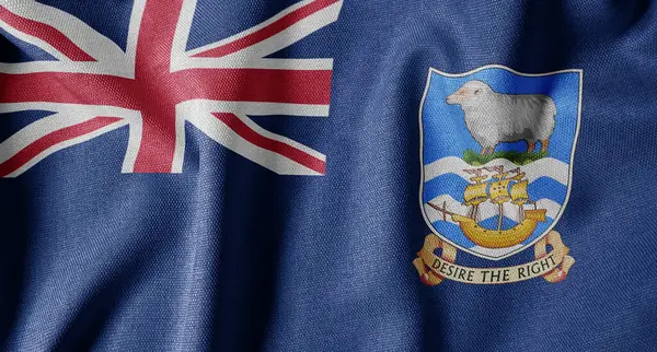 Dokulu Kumaş Arkaplanı Ulusal Bayrağı. İpek desenli bayrak, gerçekçi dalga ve bayrak görünümü. Falkland Adaları FK Bayrağı