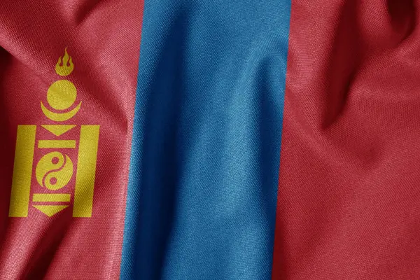 Dokulu Kumaş Arkaplanı Ulusal Bayrağı. İpek desenli bayrak, gerçekçi dalga ve bayrak görünümü. Moğolistan Bayrağı