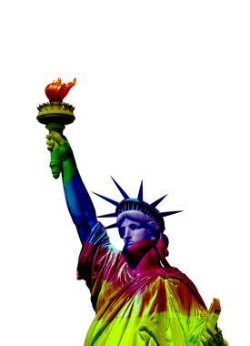 Beyaz arka planda izole edilmiş canlı LGBTQ + gökkuşağı renkleriyle süslenmiş Özgürlük Heykeli. Dijital olarak geliştirilmiş özgürlük, çeşitlilik ve kapsama sembolü. izole edilmiş beyaz arkaplan.