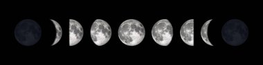 Moon Waning Crescent, Third Quarter, Waning Gibbous, Dolunay, Waxing Gibbous, First Quarter ve Waxing Crescent 'ın tüm aşamaları, 
