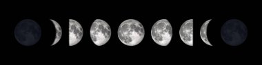 Moon Waning Crescent, Third Quarter, Waning Gibbous, Dolunay, Waxing Gibbous, First Quarter ve Waxing Crescent 'ın tüm aşamaları, 