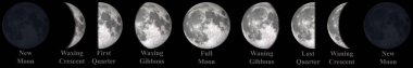 Moon Waning Crescent, Third Quarter, Waning Gibbous, Dolunay, Waxing Gibbous, First Quarter ve Waxing Crescent 'ın tüm aşamaları, 