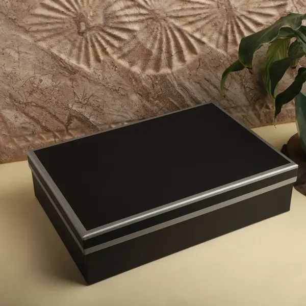 Bej arka planda gümüş kenarlı siyah dikdörtgen kutu