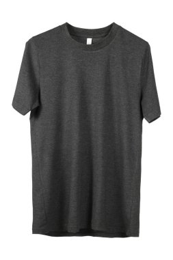 Koyu Gri Düz Tişört Askıda, izole edilmiş beyaz arka plan.