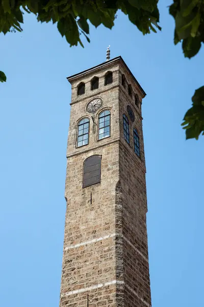 Yeşil Yapraklar Tarafından Çerçevelenen Açık Mavi Gökyüzüne Karşı Tarihi Saat Kulesi (Saat Kulesi).