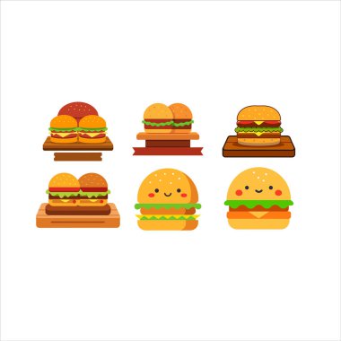 Tahta tahtalarda çizgi film tarzı hamburgerler ve gülümseyen hamburger suratlar koleksiyonu.