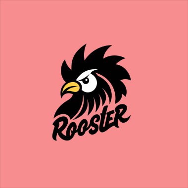 Pembe arka planda siyah horoz kelimesiyle stilize edilmiş bir horoz kafası logosu.