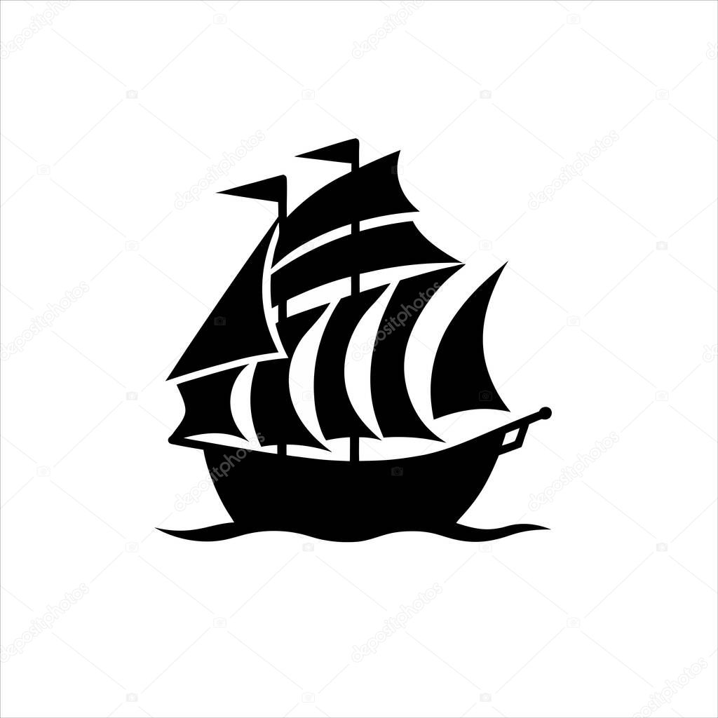Silhouette of a sailing ship with multiple sails on a white background art