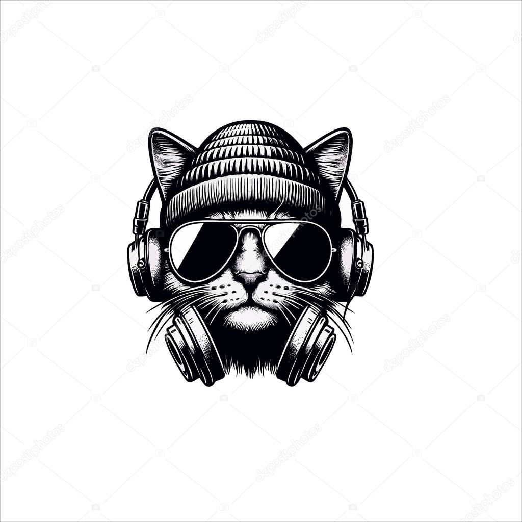 Cool Cat with Headphones and Sunglasses, a Stylish Graphic Design