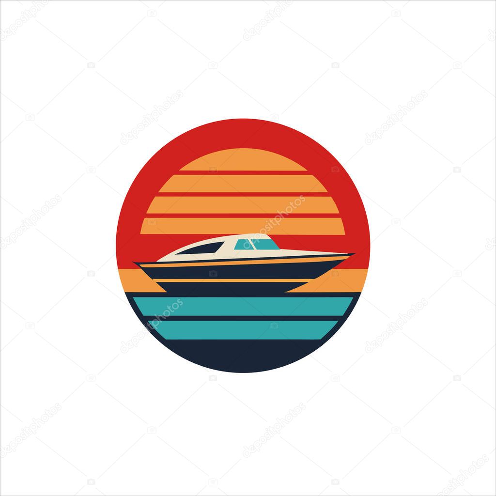 Illustration of a boat on water with a sunset background inside a circle
