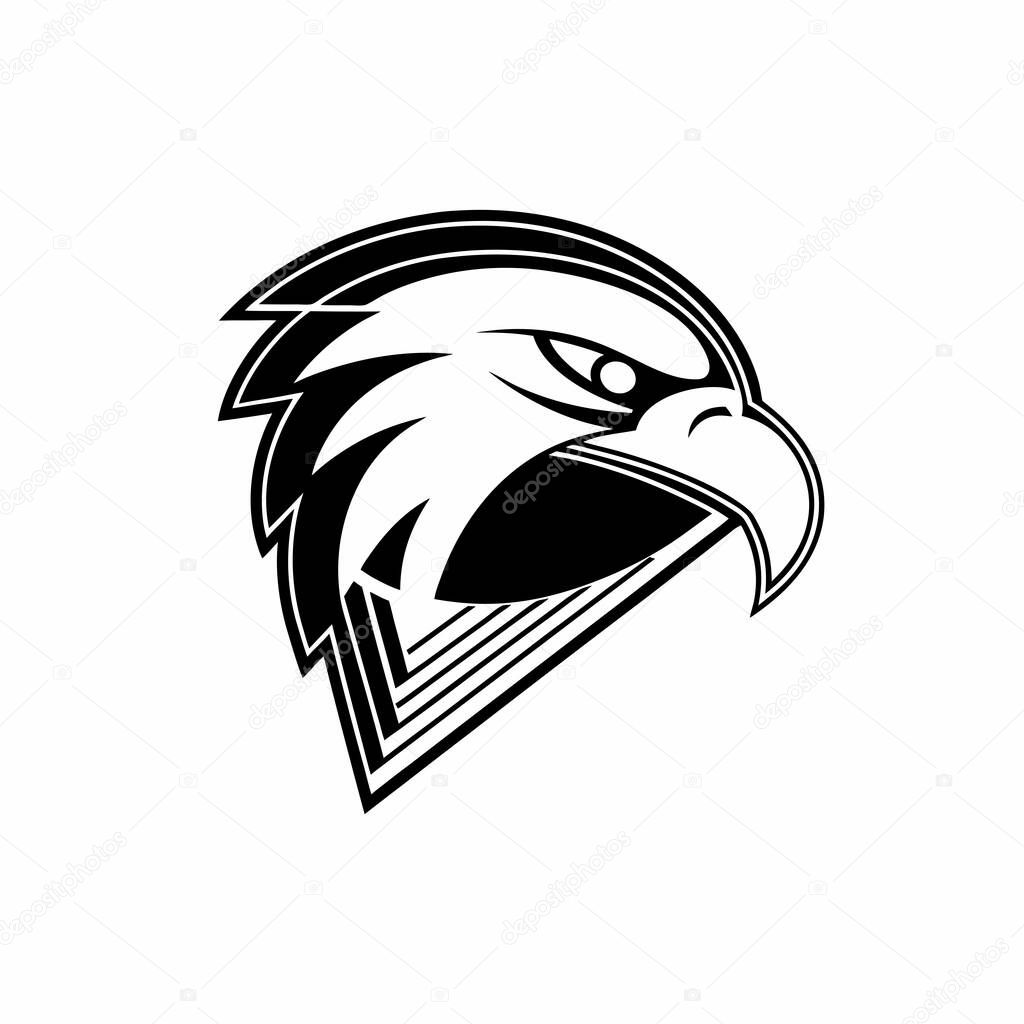 Bold black and white eagle head graphic design.