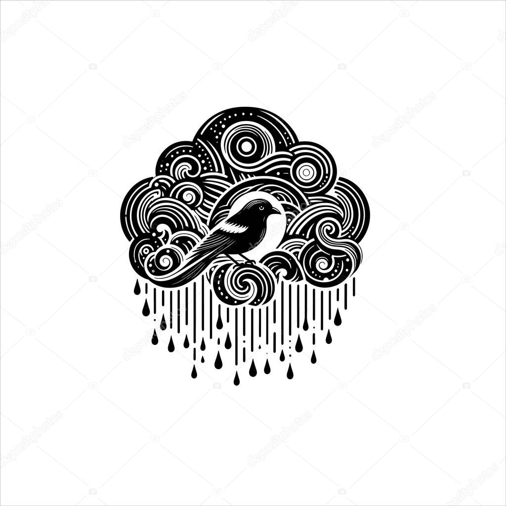 Illustration of a bird on a cloud with rain in black and white design