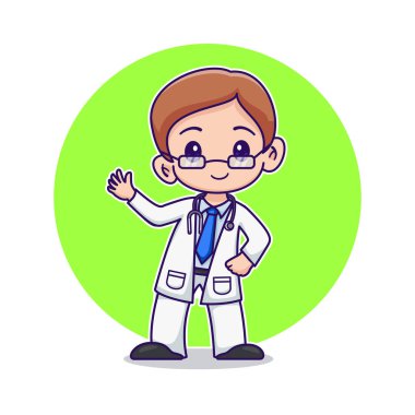 Çizgi film Mutlu Küçük Çocuk Beyaz Doktor Üniforması Giyen Stetoskoplu El Sallayan Çocuk