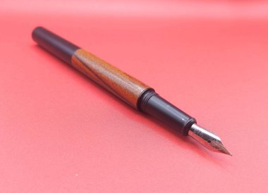 Kırmızı bir sırtüstü ahşap gövdeli Hint mürekkep dolmakalemi.