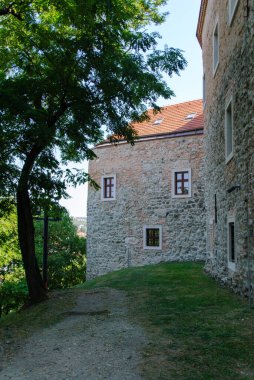 Çarpıcı bir taş yapı, huzurlu bir yol boyunca sıcak güneş ışığıyla aydınlatılan canlı ağaçların arasında uzanıyor.
