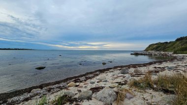 Gün batımında, Baltık Denizi kıyısında güzel bir deniz manzarasının dikey görüntüsü.